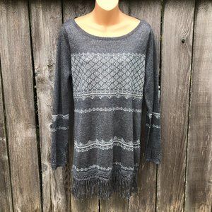 White House Black Market Tunic Sweater Fringe Embellished Thin Knit Gray Size M